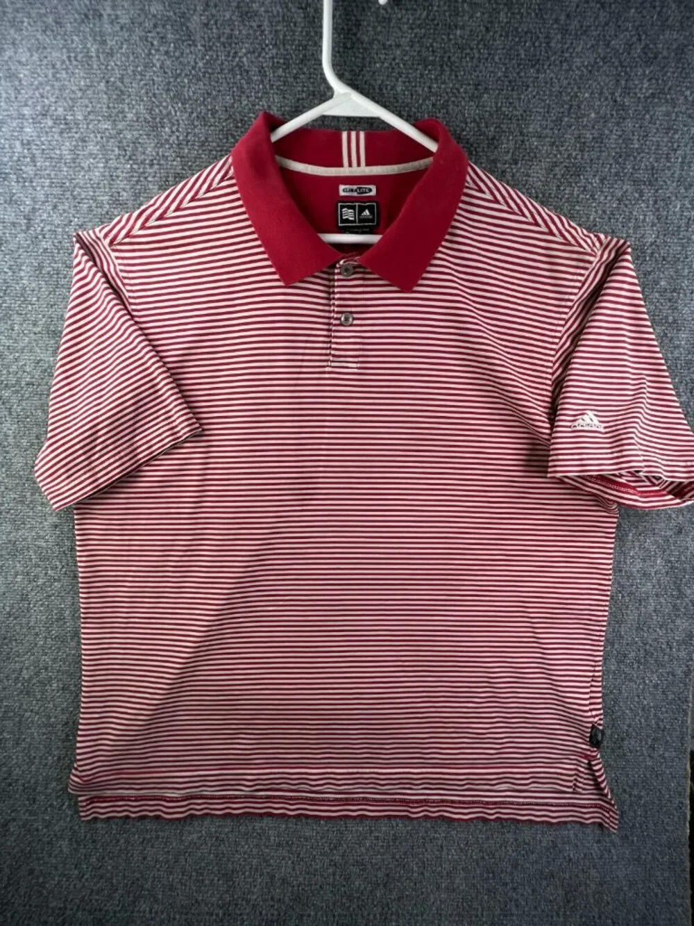 Adidas Mens Large Red White Striped Short Sleeve Cotton Blend Polo Climalite